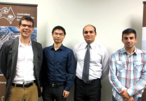 Finalists for the 2013 AGS NSW Research Award. Pictured from left to right are Dr Jim Hambleton, Newcastle Chapter YGP Representative, and finalists Xue Zhang, Kourosh Kianfar and Pavlick Harutoonian. Anastasia Suchowerska